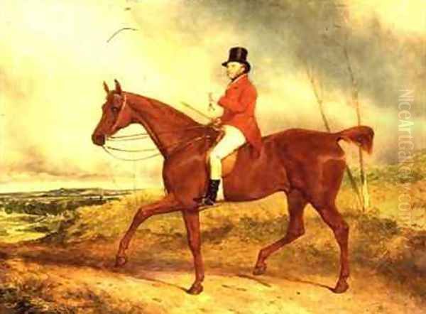 The Hounds are late this morning Luke Hopkinson on his favourite chestnut hunter with a hunt beyond probably the Barclay Hunt Oil Painting by Charles Hancock