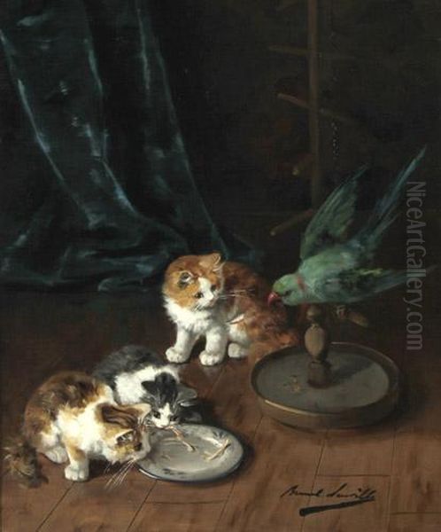 Junge Katzen Mit Einem Papagei Oil Painting by Alphonse de Neuville