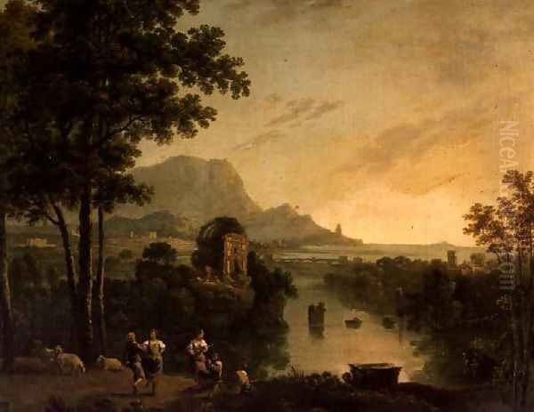 Coastal landscape at evening with shepherds and shepherdesses dancing Oil Painting by Richard Wilson