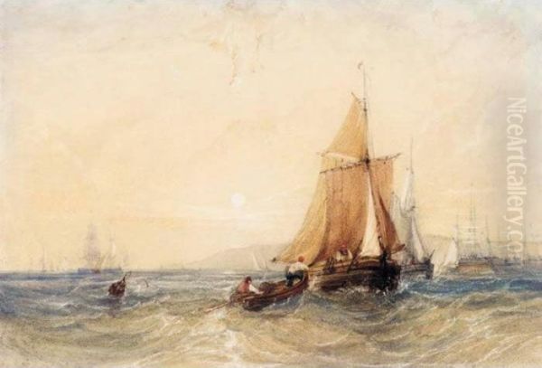 Fishing Boats Off The Coast At Sunset Oil Painting by William Callow