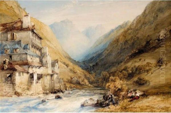 A Figure Fishing In A Mountain Stream Oil Painting by William Callow