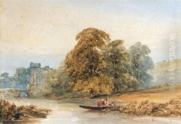 Fishermen On A River Near A Bridge By A Ruined Castle Oil Painting by William Callow