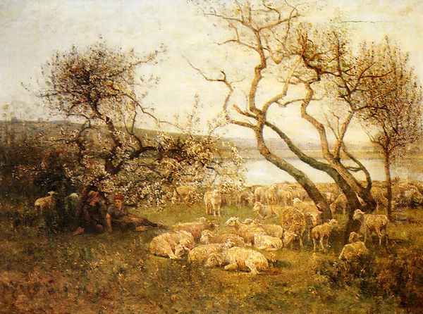 Tending The Flock In A Blossoming Landscape Oil Painting by Louis-Aime Japy