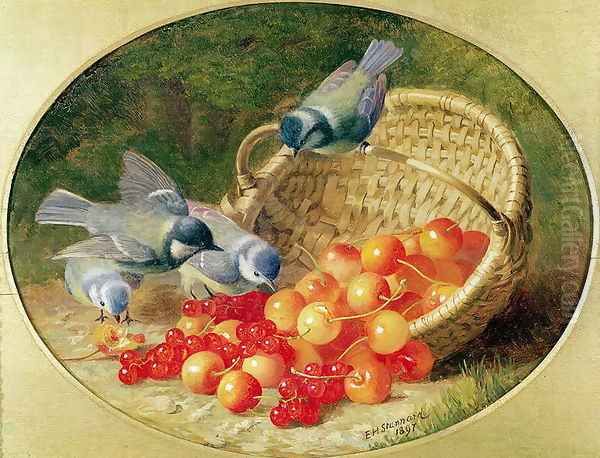 Bluetits pecking at cherries, 1897 Oil Painting by Eloise Harriet Stannard