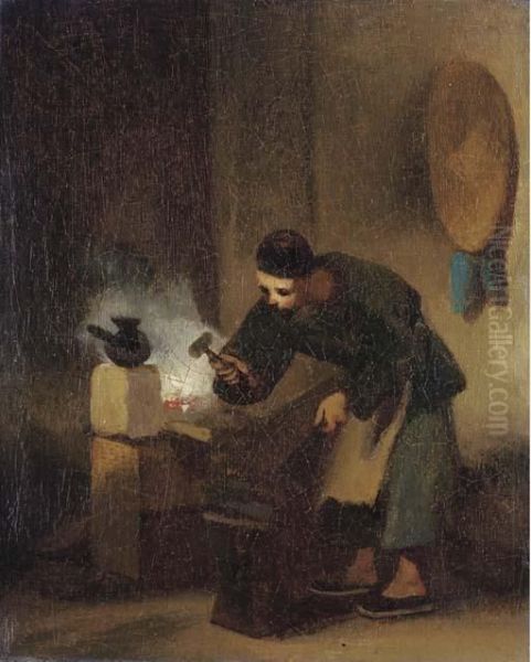 A Chinese Blacksmith Oil Painting by George Chinnery