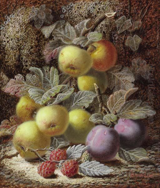 A Peach, A Strawberry And 
Gooseberries And Grapes On A Mossy Bank;and Apples, Plums And 
Raspberries On A Mossy Bank Oil Painting by Oliver Clare