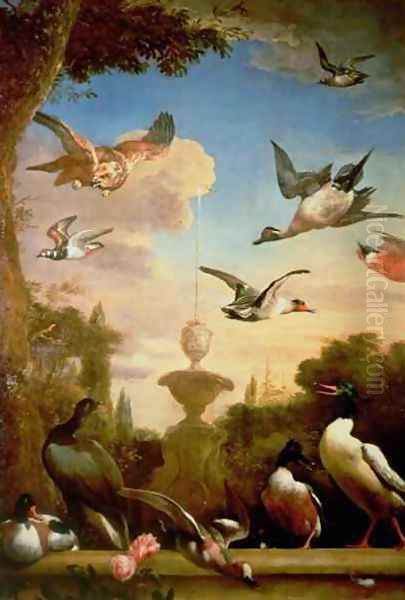 A Mallard and a Golden Eagle in a Classical Garden Landscape Oil Painting by Melchior de Hondecoeter