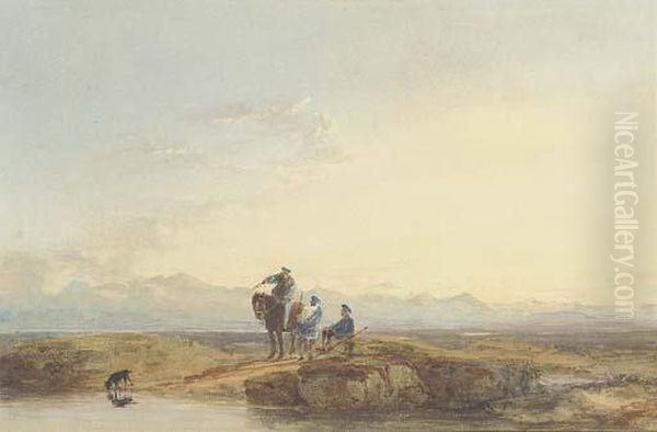 Figures In Highland Dress Oil Painting by David I Cox