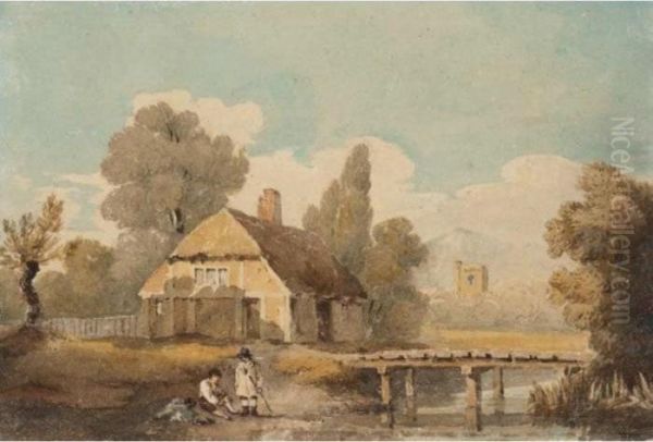 Cottage By A Stream Oil Painting by David I Cox