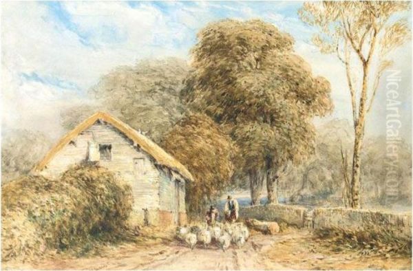 A Shepherd And Sheep By A Barn On A Country Road Oil Painting by David I Cox