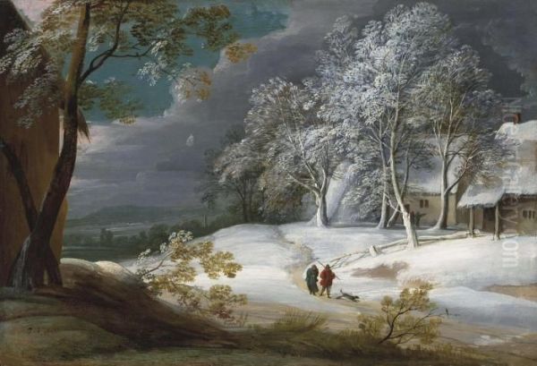 A Winter Landscape With Figures And A Dog On A Track, Cottages Beyond Oil Painting by Jacques D Arthois