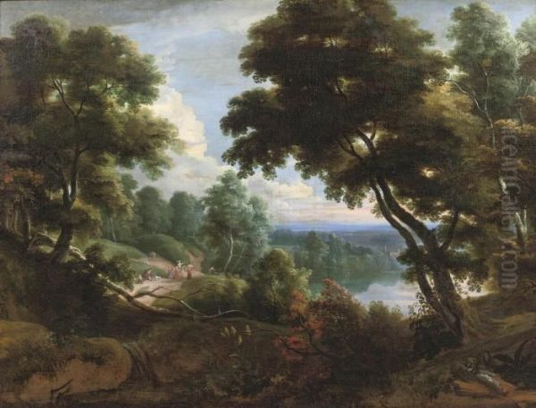 A Wooded River Landscape With Figures Conversing On A Track Oil Painting by Jacques D Arthois