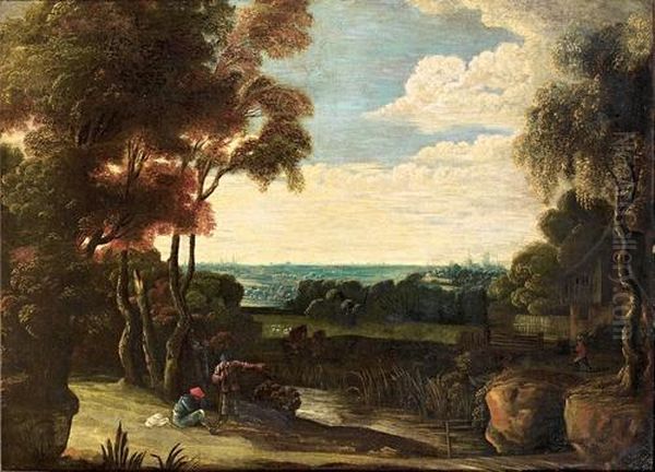 An Extensive Landscape With Figures Resting Beside A River Oil Painting by Jacques D Arthois