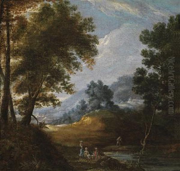 A Mountain Landscape With Travellers Near Astreamlet Oil Painting by Jacques D Arthois