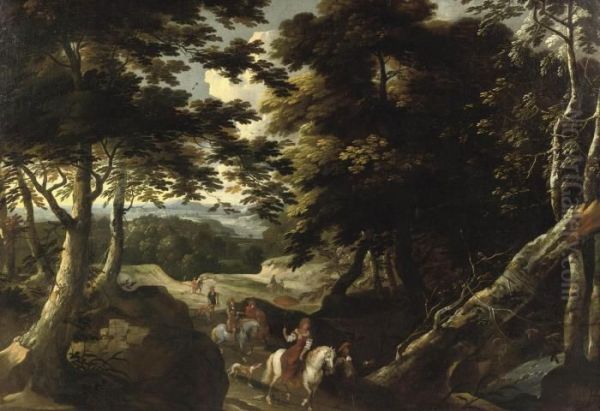 A Forest Landscape With An Elegant Company On A Falcon Hunt Oil Painting by Jacques D Arthois