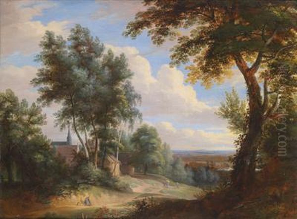 Hugelige Landschaft Miteinem Dorf Zwischen Baumen Und Weitem Ausblick Oil Painting by Jacques D Arthois