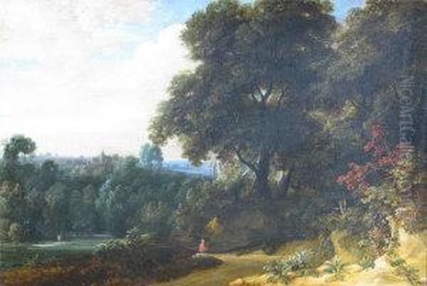 Figure Seated With Trees And Town Beyond Oil Painting by Jacques D Arthois