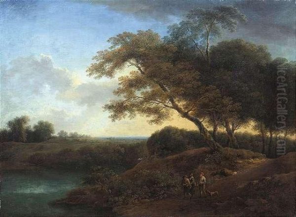 De . An Extensivewooded Landscape With A Lake And Travellers On A Path Oil Painting by Jacques D Arthois