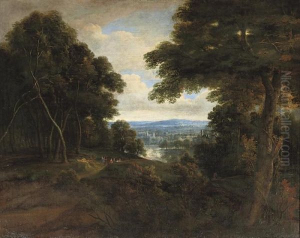 An Extensive Wooded Landscape With Travellers On A Path Oil Painting by Jacques D Arthois