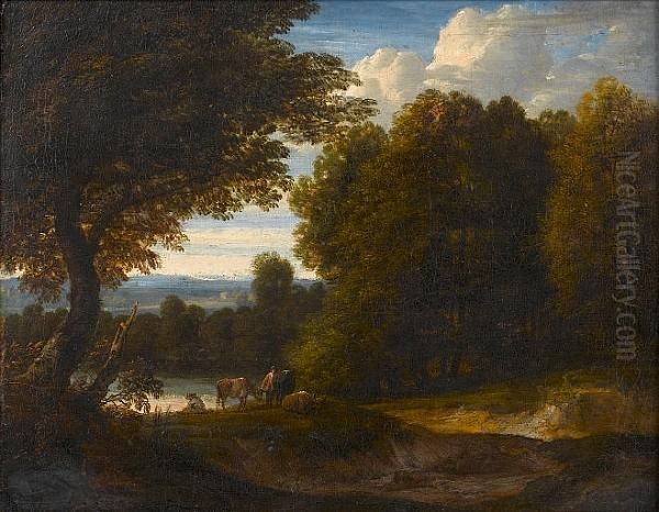 An Italianate Landscape With A Drover And His Cattle Beside A River Oil Painting by Jacques D Arthois