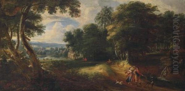 An Extensive Wooded Landscape With Venus And Adonis Oil Painting by Jacques D Arthois