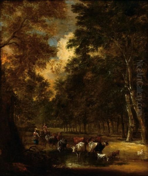 Two Figures With Cows In A Wooded Landscape Oil Painting by Jacques D Arthois