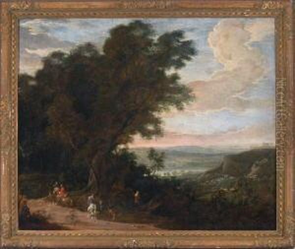 Weite Landschaft Mit Reitern Und Landstreichern An Einer Baumgruppe Oil Painting by Jacques D Arthois