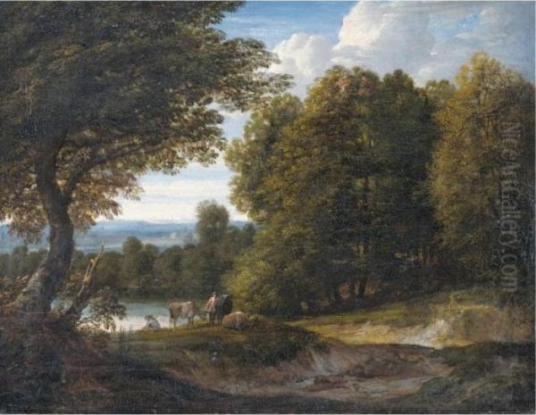 A Wooded River Landscape With Cattle And Two Figures Oil Painting by Jacques D Arthois