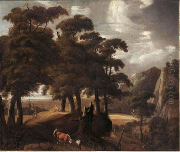 A Wooded Landscape With A 
Peasant And His Herd Together With Other Travellers On A Path, A Village
 In The Background Oil Painting by Jacques D Arthois