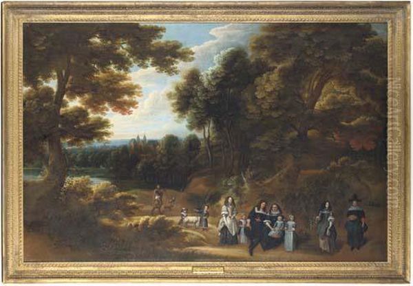 Group Portrait Of A Family In A Wooded Landscape With A Lake Andcastle Beyond Oil Painting by Jacques D Arthois