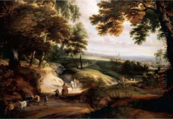 A Wooded Landscape With 
Huntsmen, Drovers And Cattle On A Track In The Foreground, A Church In 
The Distance Oil Painting by Jacques D Arthois