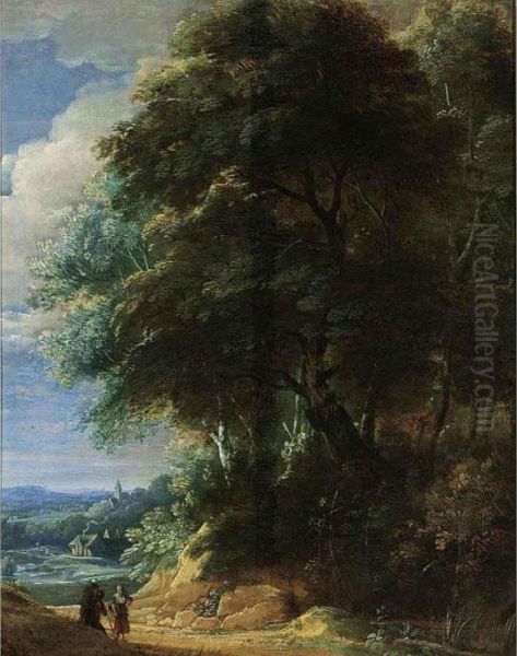 A Wooded Landscape With Two Travellers Conversing On A Path Oil Painting by Jacques D Arthois