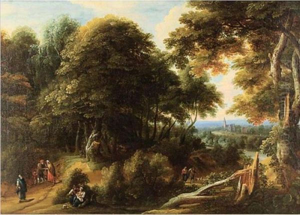 Extensive Landscape With Travelers And A Town In A Distance Oil Painting by Jacques D Arthois