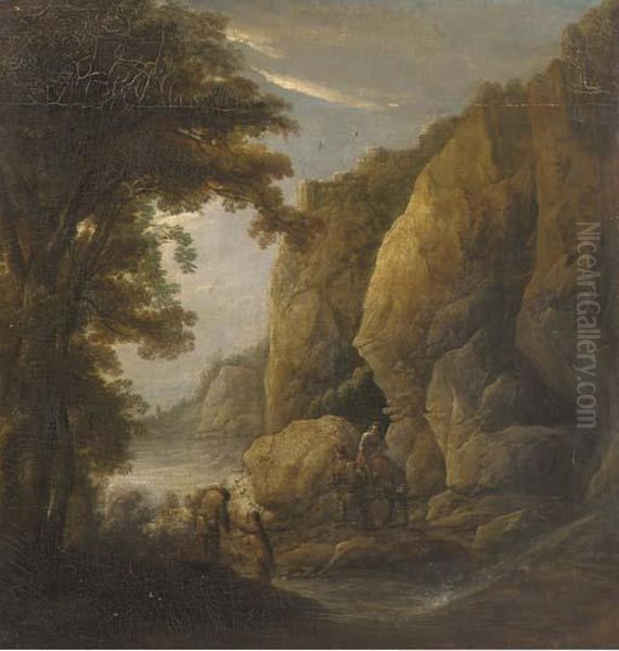 A Mountain Gorge With Travellers On A Path Oil Painting by Jacques D Arthois