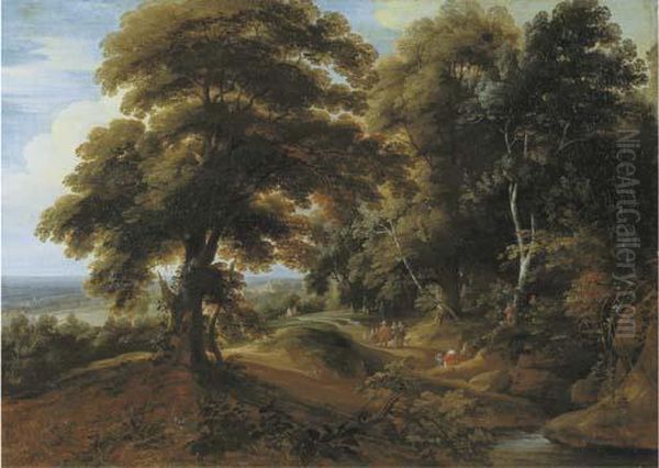 A Wooded Landscape With Elegant Figures On A Path Oil Painting by Jacques D Arthois