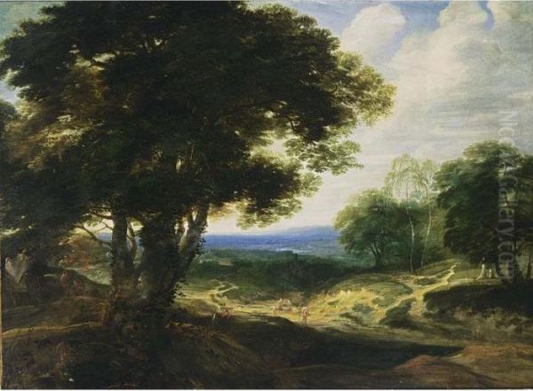 An Extensive Wooded Landscape 
With Travellers Resting On A Path And A Horse- Drawn Cart On The Left Oil Painting by Jacques D Arthois