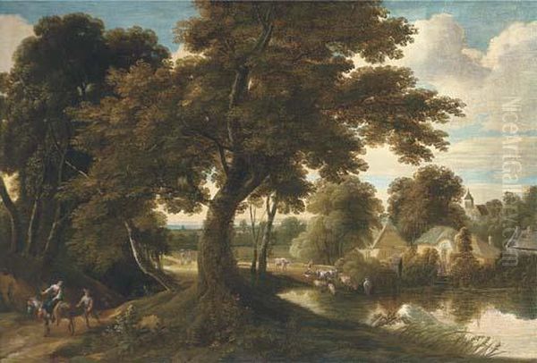 A Wooded Village Landscape With A
 Drover And His Cattle Crossing A Ford And Figures On A Track Oil Painting by Jacques D Arthois