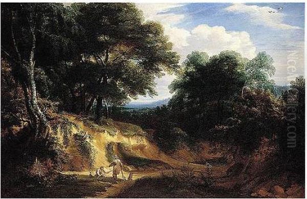 A Wooded Landscape With Huntsmen Resting In A Clearing By A Pond Oil Painting by Jacques D Arthois