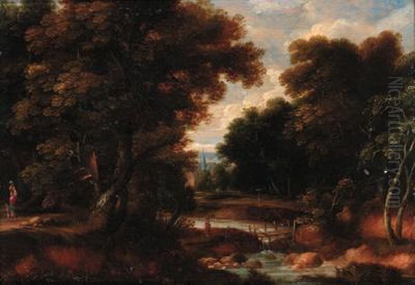 A Wooded River Landscape With Figures On A Track, A Churchbeyond Oil Painting by Jacques D Arthois