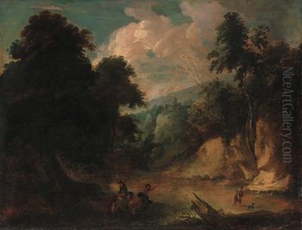 A Rocky River Landscape With A Fisherman And A Drover Wateringcattle Oil Painting by Jacques D Arthois