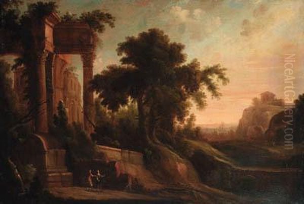 An Italianate Landscape With Figures By A Ruined Classicaltemple Oil Painting by Jacques D Arthois