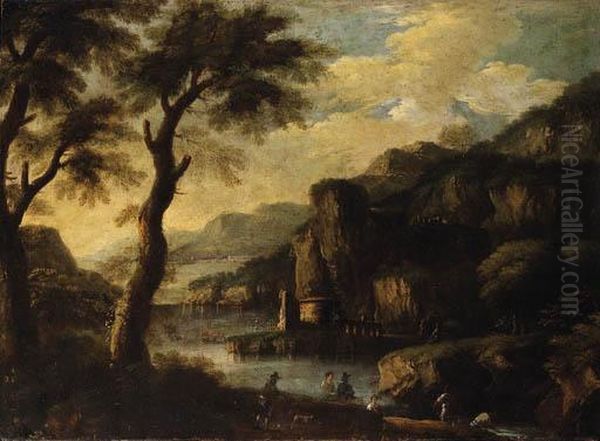 A Mountainous River Landscape With Figures On A Path Oil Painting by Jacques D Arthois