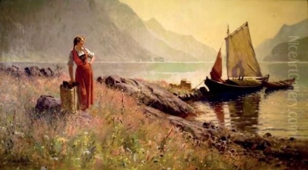 Femme Au Bord D'un Lac Norvegien. Oil Painting by Hans Dahl