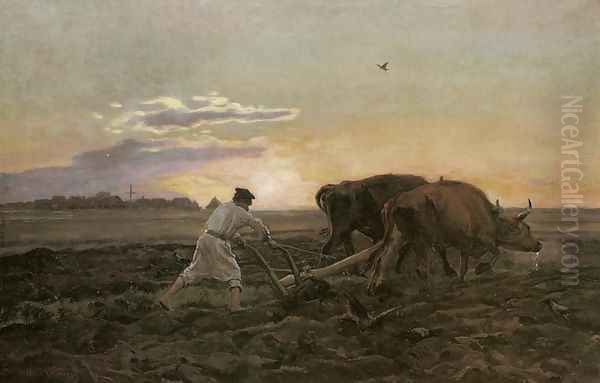 Ploughing Oil Painting by Jozef Chelmonski