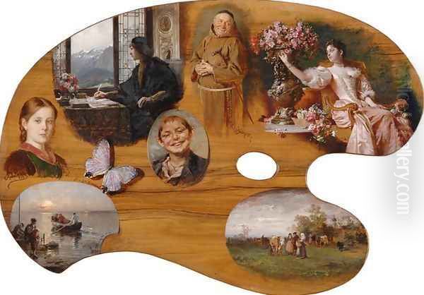 Palette with Motives from Eduard von Grutzner 1848-1925; Franz von Defregger 1835-1925; Josef Wopfner 1843-1927; Georgios Jakobides 1853-1932; Robert Schleich 1845-1934; August Joh. Holmberg 1851-1911; Hermann G. Kricheldorf 1867-1949 Oil Painting by Ladislas Wladislaw von Czachorski