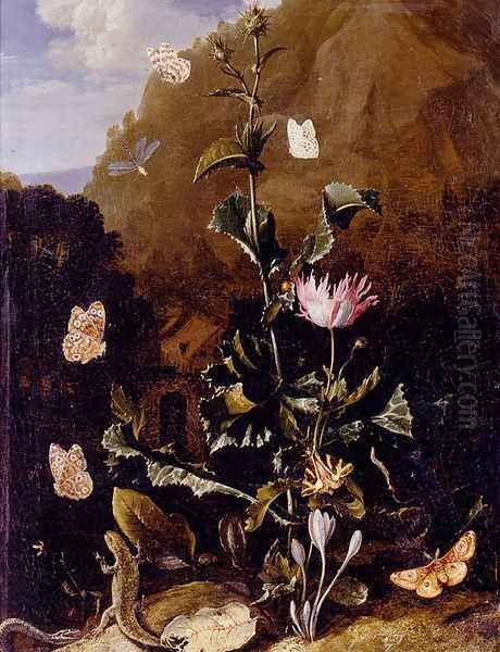 Still Life Of A Thistle And Other Flowers Surrounded By Moths, A Dragonfly, A Lizard, And A Snake, In A Landscape Oil Painting by Otto Marseus van Schrieck