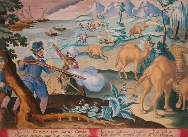 Sailors in a Horrid Barbarian Country Kill Camels with Muskets to Relieve their Hunger, plate 28 Venationes Ferarum, Avium, Piscium Of Hunting Wild Beasts, Birds, Fish engraved by Jan Collaert 1566-1628 published by Phillipus Gallaeus of Amsterdam Oil Painting by Giovanni Stradano