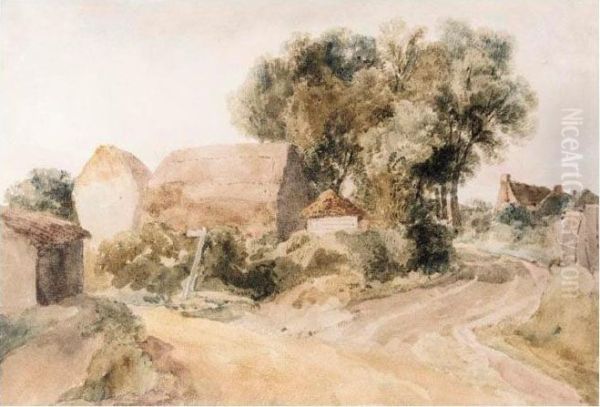 Farm Buildings By A Fork In A Country Lane Oil Painting by Peter de Wint