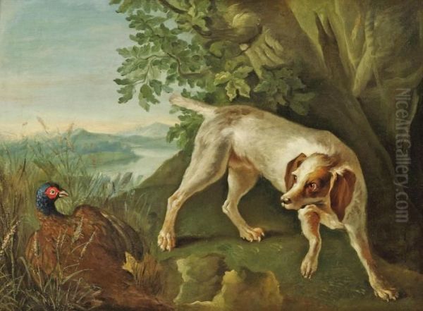 A Hound Flushing A Pheasant In A Landscape Oil Painting by Alexandre-Francois Desportes