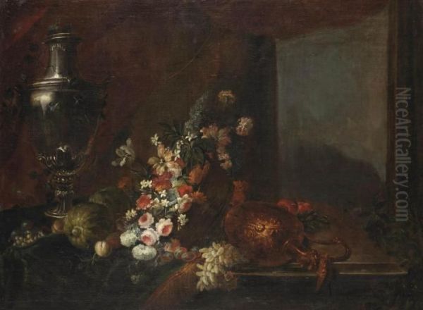 An Urn, Watermelons, A Wicker 
Basket With Roses, Tulips And Various Other Flowers, And A Pitcher, All 
On A Partially Draped Wooden Table Oil Painting by Alexandre-Francois Desportes